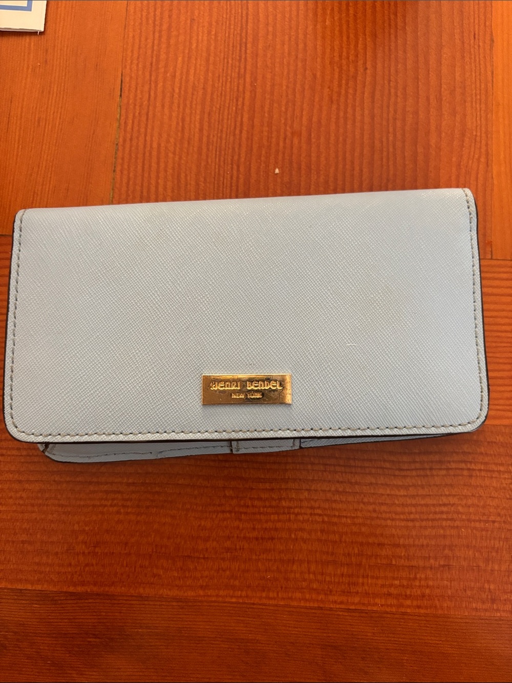 henri bendel Light Blue Saffiano Leather Wallet with Gold Plaque